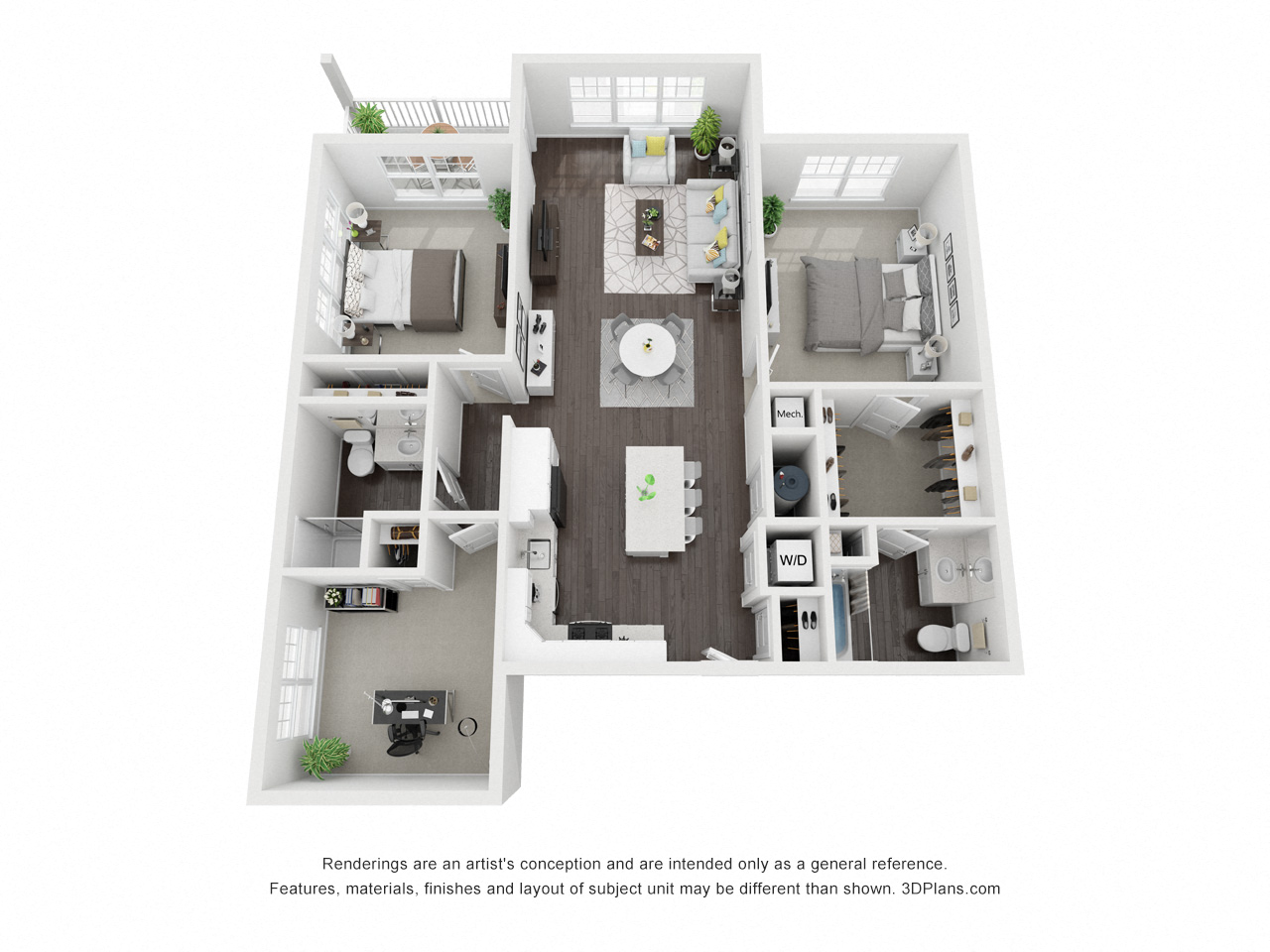Floor plan for 2 beds, 2 baths, 1259 sqft